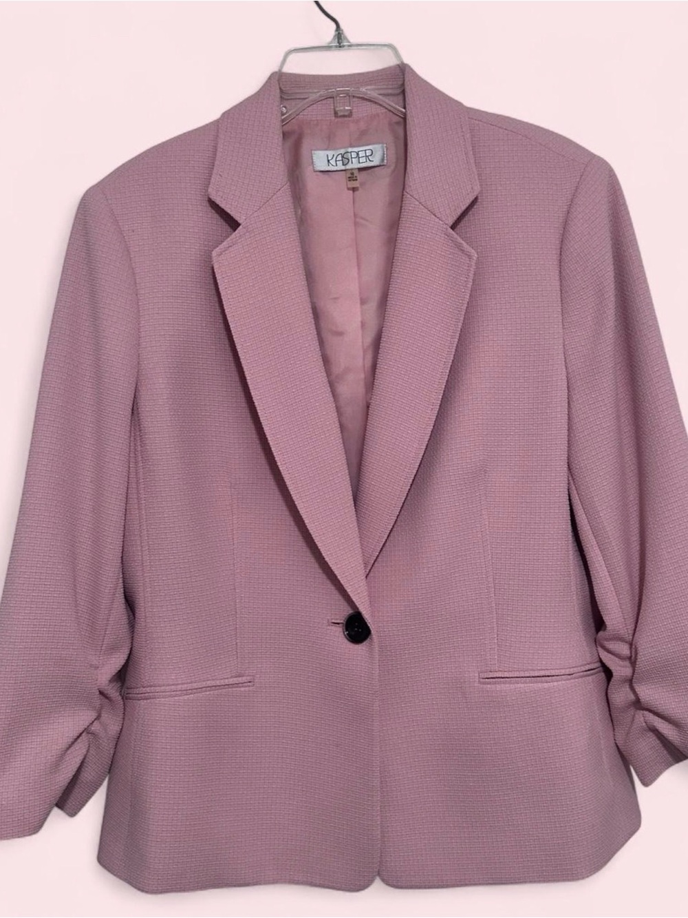 Kasper Pink Textured 3/4 Ruched Sleeve Single Button Blazer  Size 16